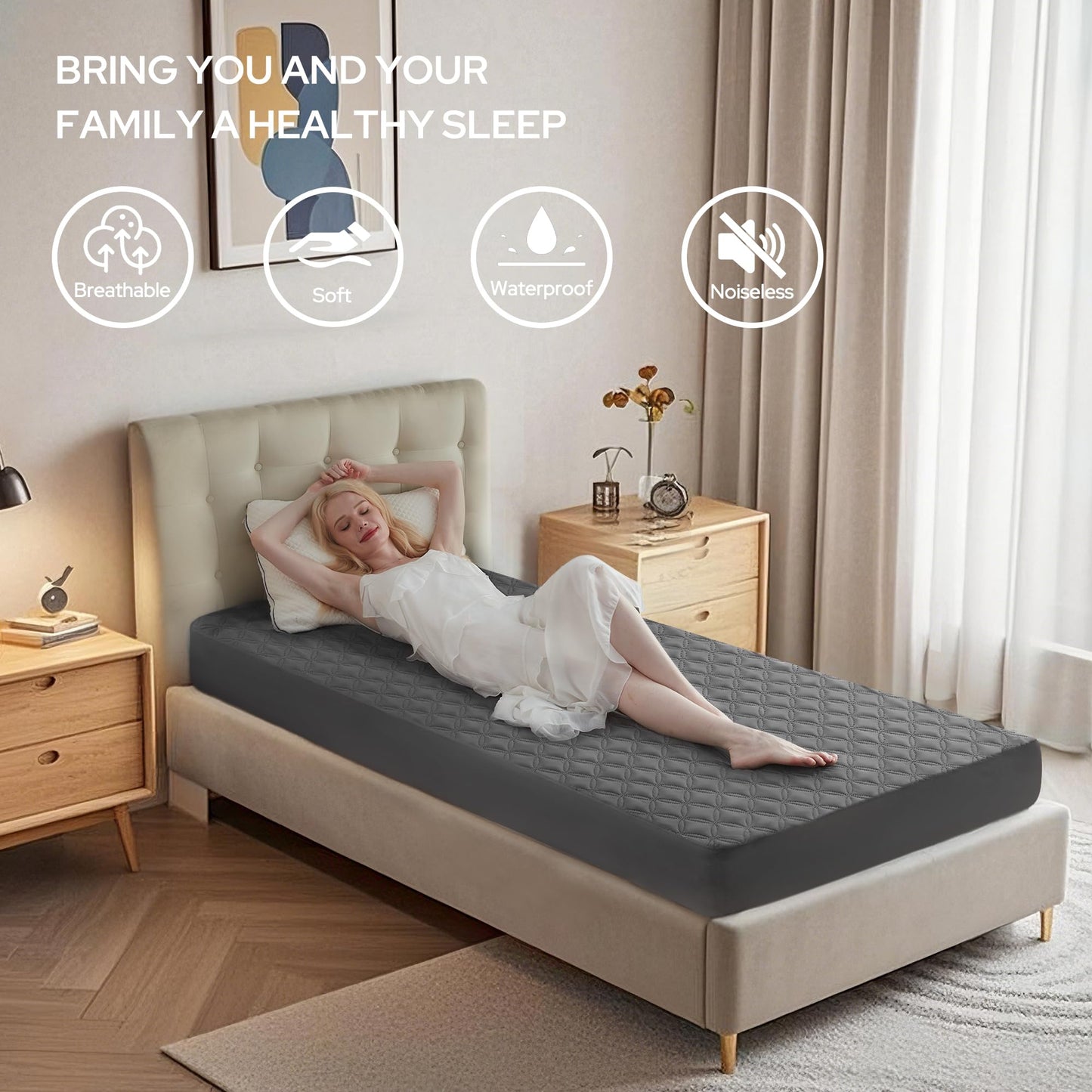 Waterproof Mattress Protector Noiseless Mattress Pad with Deep Pocket Fitted Up to 6"-18" Soft Breathable Dirt-Proof Single Bed Mattress Cover for Kids Teenager Bedroom Dorm Twin Size (Gray)
