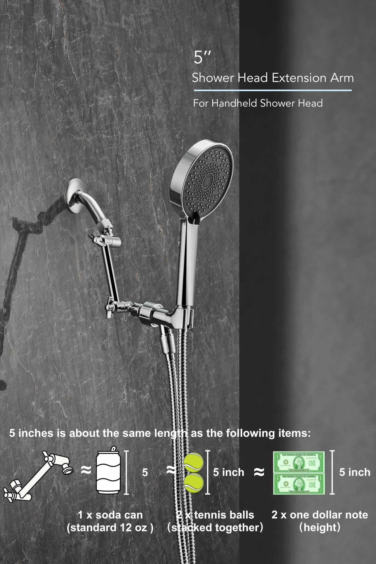 5 Inch Brass Adjustable Shower Head Extension Arm, with Locking Set Screw, Singing Rain Brass Chrome Angle Height Adjustable, Easy to Install, G1/2 Universal Connector Compatible (Chrome Finish)