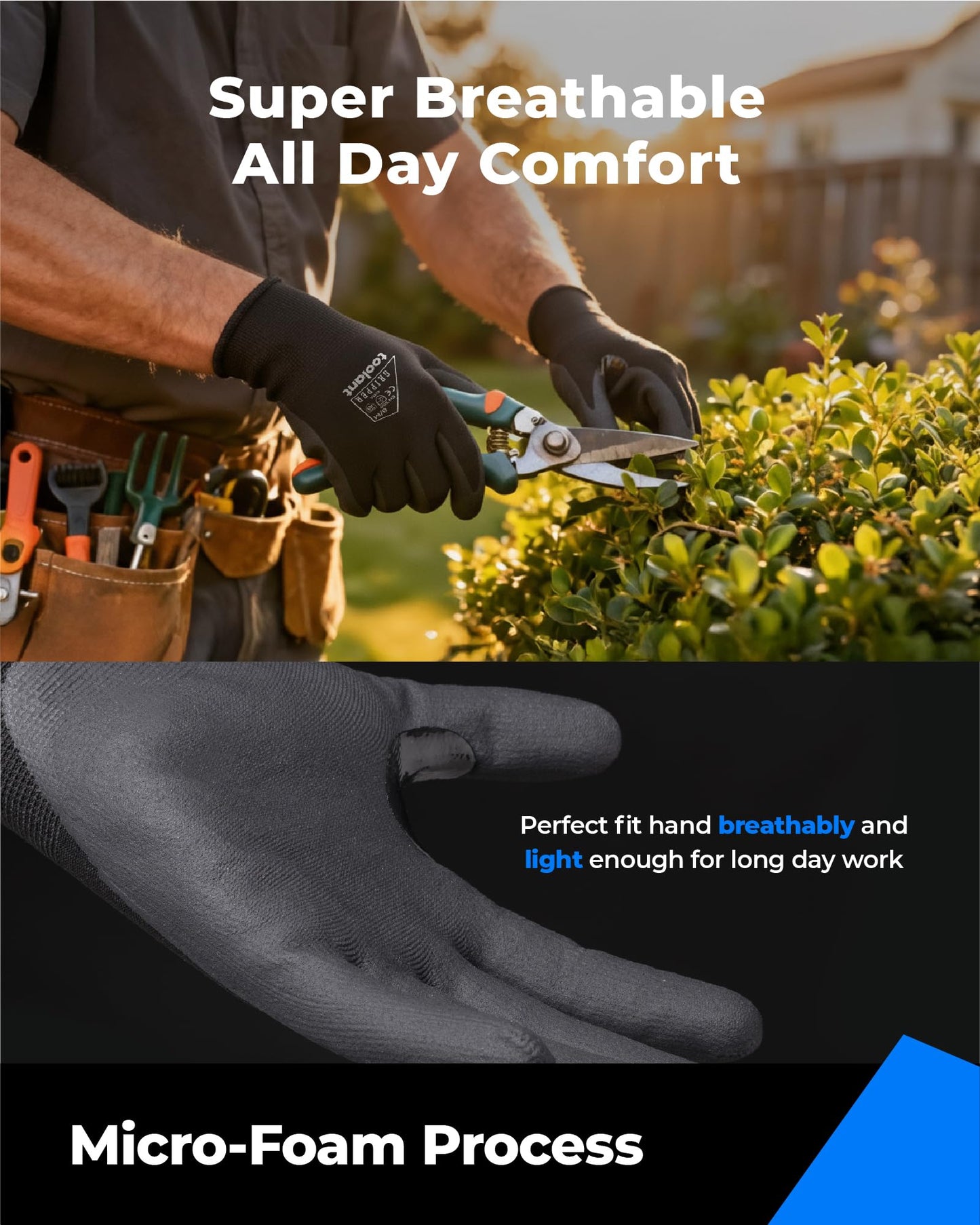 toolant Work Gloves MicroFoam Nitrile Coated, Breathable Nylon Safety Gloves with Stretchy Fit, Firm Grip & Touch-Screen Compatible, Ideal for Gardening, Automotive, Warehouse, Black (L, 6 Pairs)