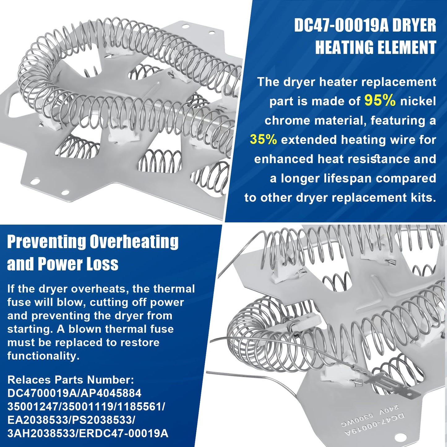 [95% Nickel] DC47-00019A Dryer Heating Element Part Compatible with Sam-sung May-tag Whirlpool Dryers, Replaces 35001247 PS4205218 AP4201899 AP4045884 PS2038533