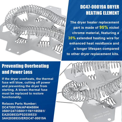 [95% Nickel] DC47-00019A Dryer Heating Element Part Compatible with Sam-sung May-tag Whirlpool Dryers, Replaces 35001247 PS4205218 AP4201899 AP4045884 PS2038533