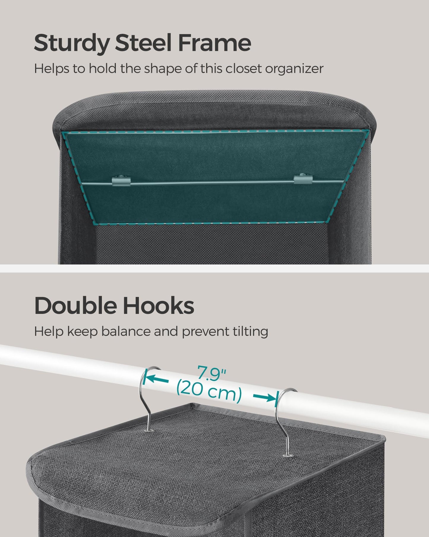 SONGMICS Hanging Closet Organizer, Set of 2, Hanging Storage Shelves, Space-Saving and Foldable, Metal Hooks and Bamboo Inserts, Gray