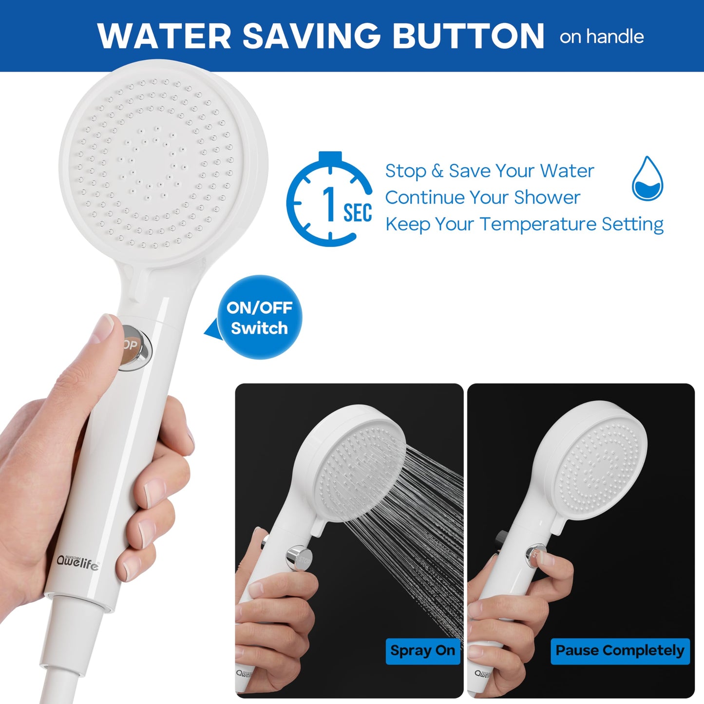 RV Shower Head with Hose and On/Off Button, High Pressure 5 Mode Shower Head Replacement, Easy Install, White –Upgrade for RV, Camper, Van, Travel Trailer, Motorhome, Boat and Tiny Home