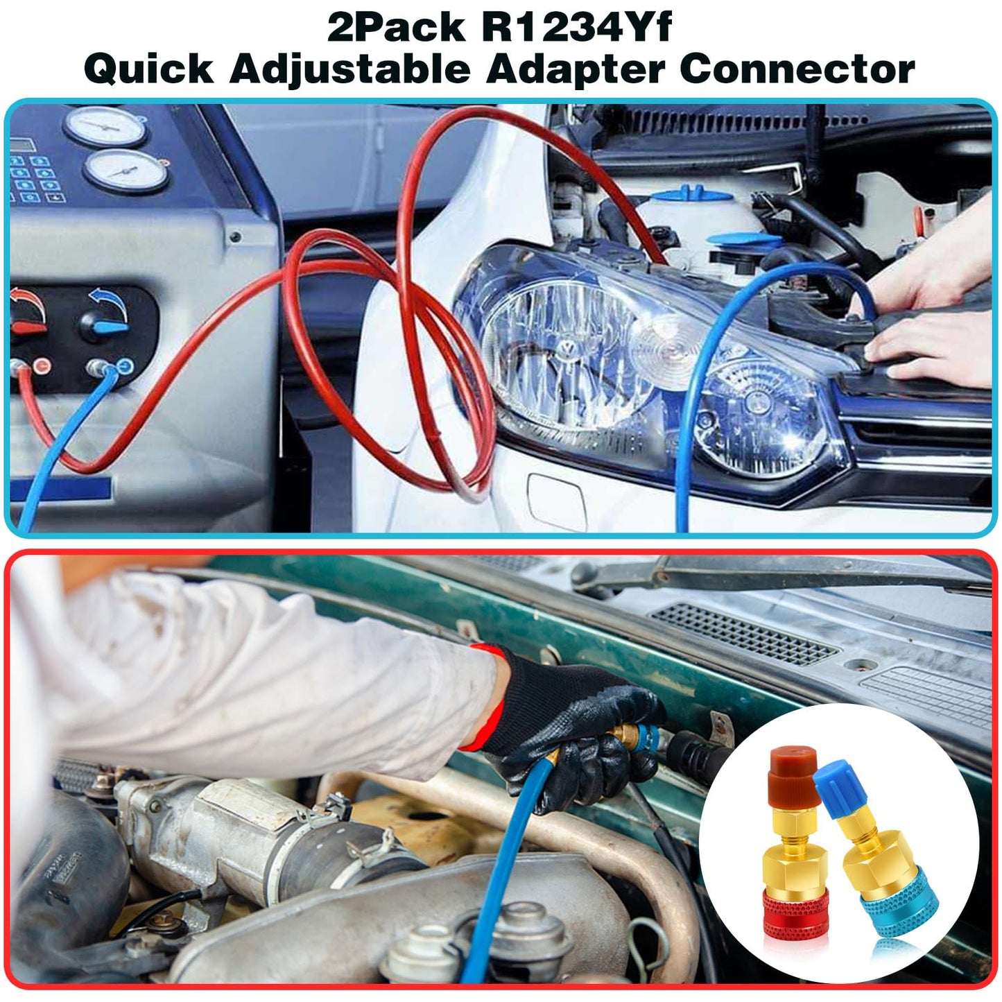 2Pcs R1234yf to R134a Adapter, Quick Couplers Kit R1234yf Refrigerant Recharge Kit, High/Low Side R134a to R1234yf Adapters for R1234yf/R134a Car Ac Refrigerant System Evacuation Recharging, Red, Blue