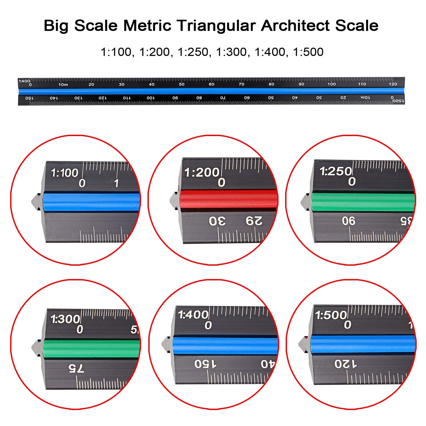 BTSKY 3 Pack 12 Inches Triangular Architectural Engineering Metric Scale Rulers with Standard Metric Conversion Ruler, Aluminum Scale Measuring Ruler Tool,Black with Red,Green,Blue