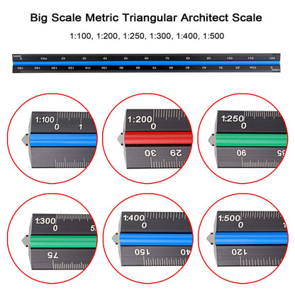 BTSKY 3 Pack 12 Inches Triangular Architectural Engineering Metric Scale Rulers with Standard Metric Conversion Ruler, Aluminum Scale Measuring Ruler Tool,Black with Red,Green,Blue