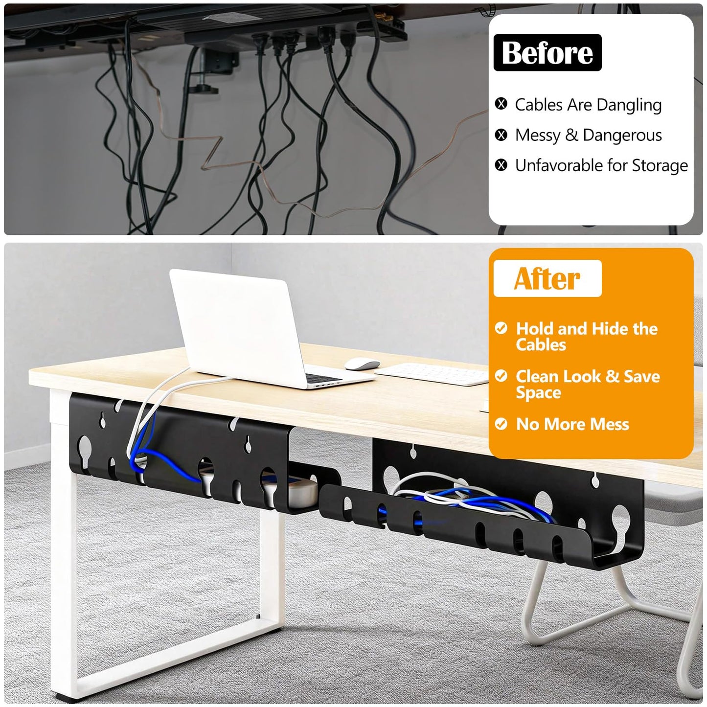 7 code Cable Management Under Desk, Set of 2 Stainless Steel Cable Organizer with Desk Accessories, Under Desk Storage, Cable Ties Cord Organizer, Desk Cable Management Box for Office, Home, Black