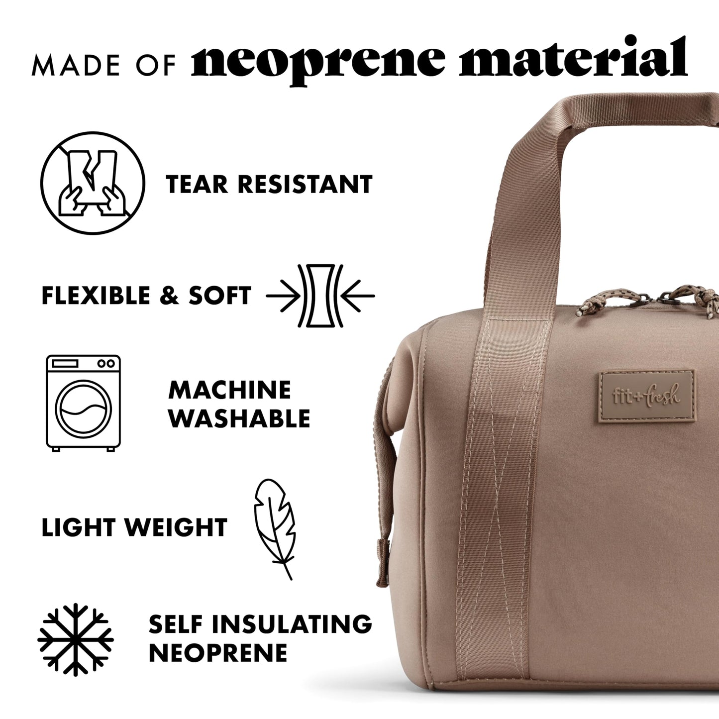 Fit & Fresh Neoprene Lunch Bag for Women, Insulated Womens Lunch Bag for Work, Tear & Stain Resistant Large Lunch Box for Women with Containers and Ice, Machine Washable Remi Lunch Bag, Taupe