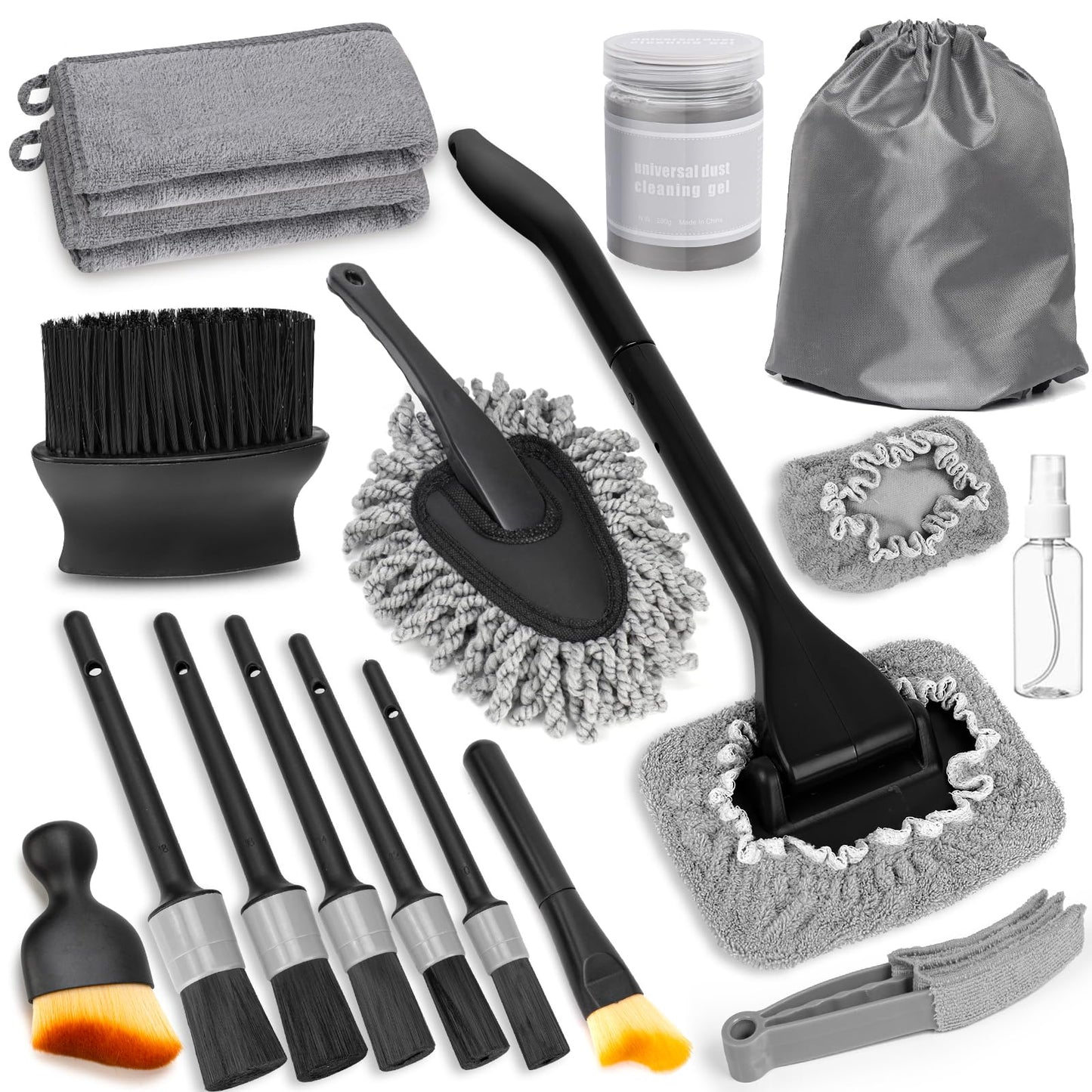 Viewmax Windshield Cleaner Tool, 18Pcs Car Interior Detailing Brush Set, Inside Windshield Cleaning Kit with 200g Cleaning Gel, Duster Brush, 2 Microfiber Pads, Car Detailing Supplies for Men (Gray)