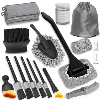 Viewmax Windshield Cleaner Tool, 18Pcs Car Interior Detailing Brush Set, Inside Windshield Cleaning Kit with 200g Cleaning Gel, Duster Brush, 2 Microfiber Pads, Car Detailing Supplies for Men (Gray)
