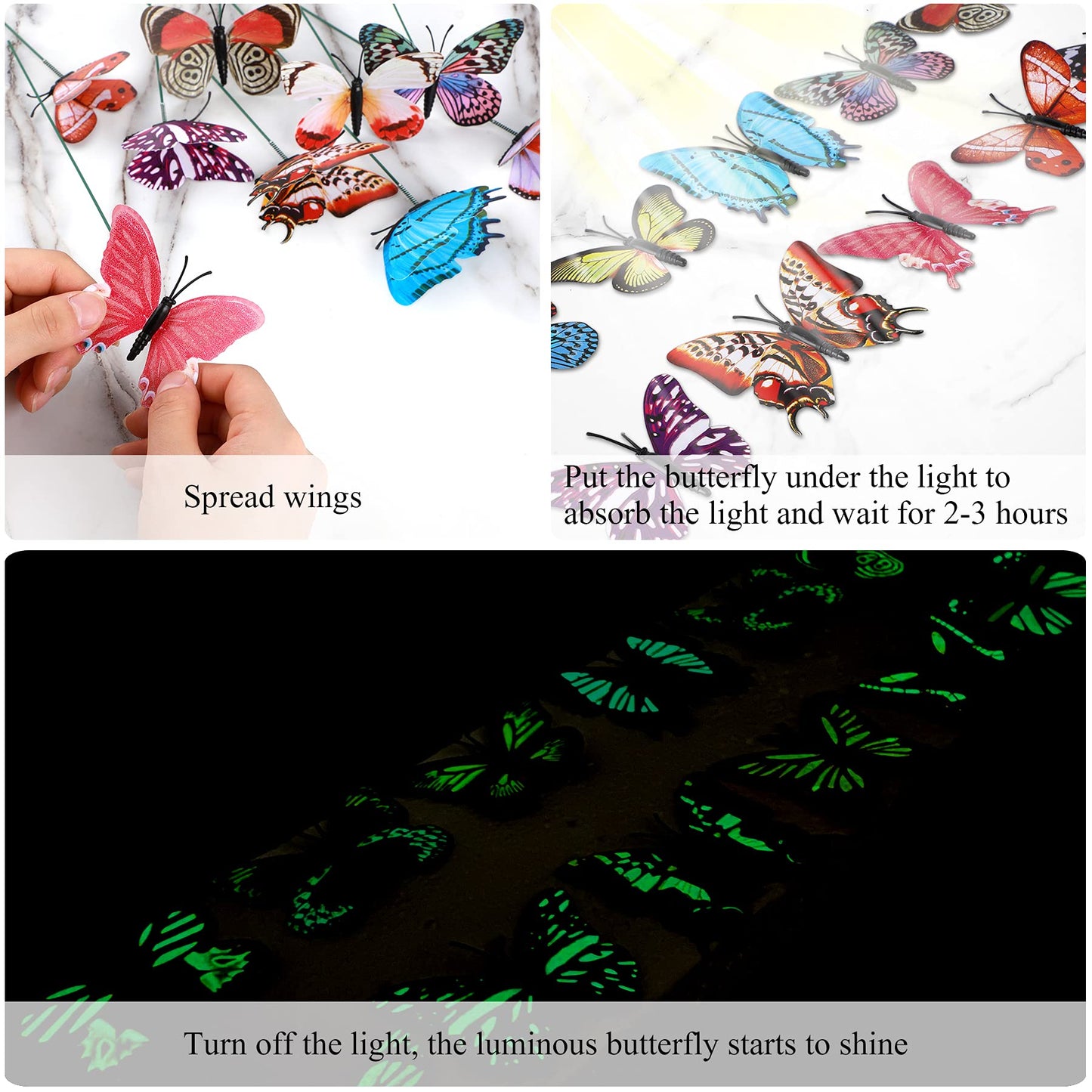 Augshy 75 PCS Butterfly Garden Decor Stakes, PVC Waterproof Gardening Art Butterfly Ornaments for Outdoor Yard Lawn Home Decoration (Luminous)