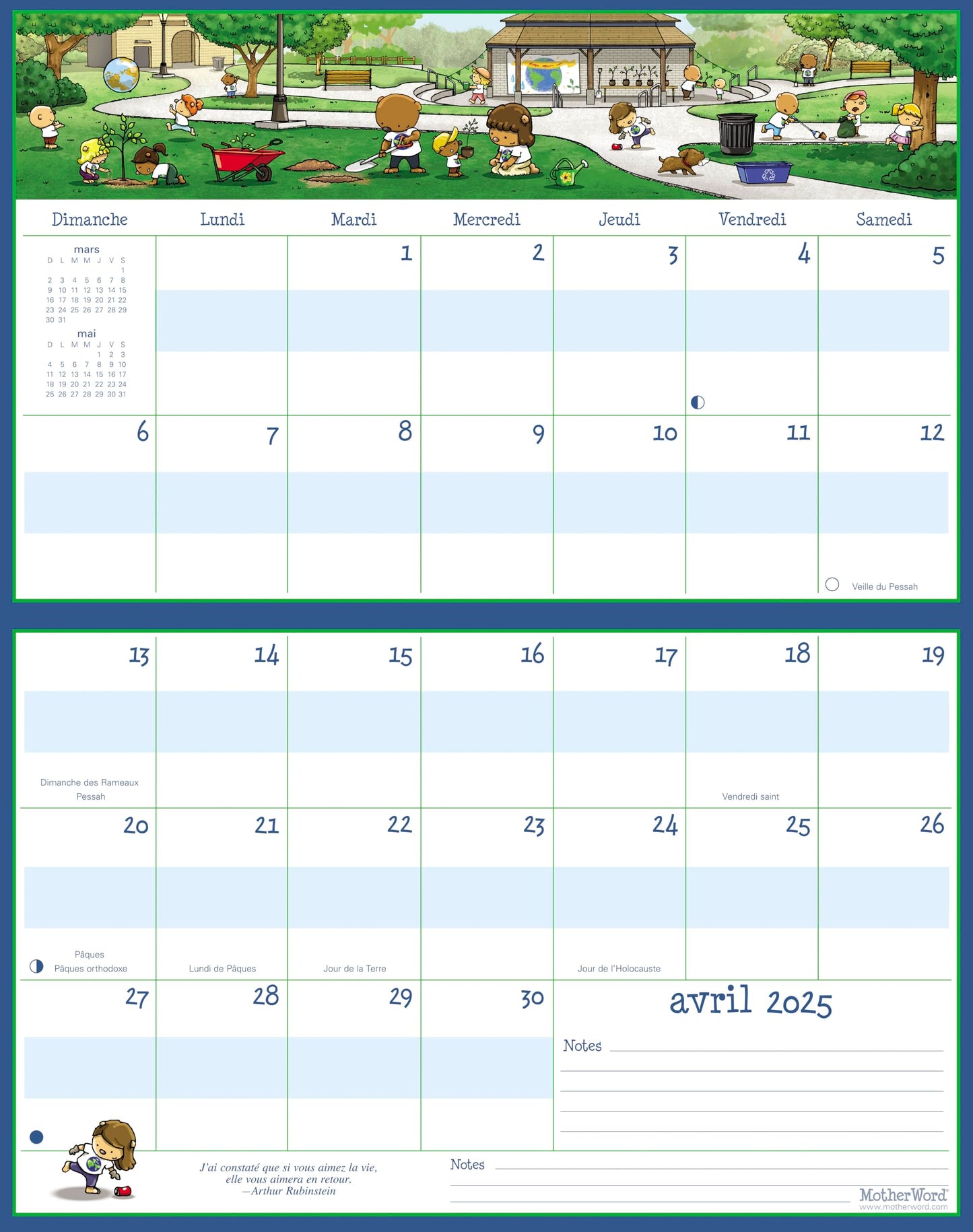 2025 MotherWord Ultimate Fridge Magnetic Hanging Calendar, 16-Month, Sept 2024 - Dec 2025, French, Medium Side by Side Version, 15" x 9.5" (MWMFT12825)