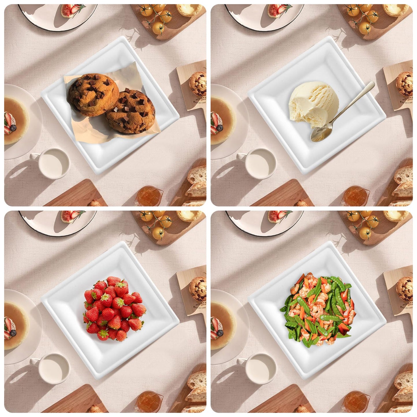 Voittozege 100 Pcs Compostable Square Paper Plates, 6" Square Dessert Plates, One-time Dinner Plate, 6 Inch White Disposable Plate for Party Compostable and Microwave