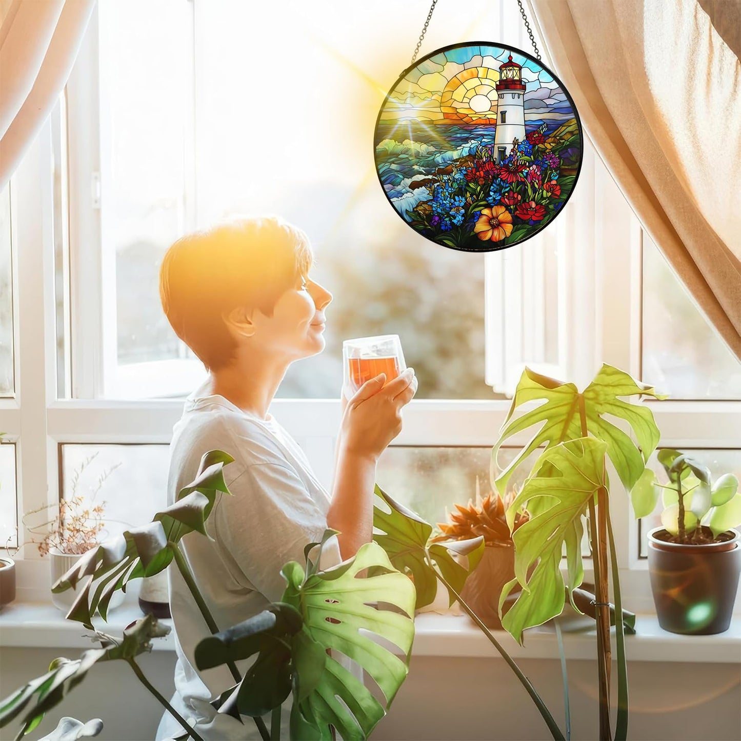Bimkole Lighthouse Stained Glass Suncatcher Window Hanging - Landscapes Design for Indoor Window or Doorway Decoration - 7.87x7.87 inch with Chain and Hook - Unique Home Decor Gift