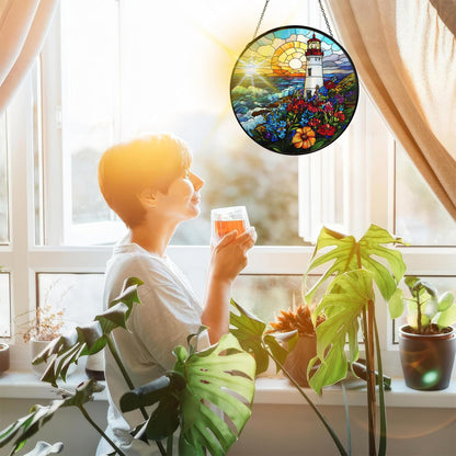 Bimkole Lighthouse Stained Glass Suncatcher Window Hanging - Landscapes Design for Indoor Window or Doorway Decoration - 7.87x7.87 inch with Chain and Hook - Unique Home Decor Gift