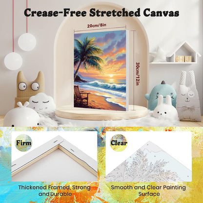 4 Pack Paint by Numbers Adult Kit with Framed Canvas - Wooden Easel, Beach Adult Paint by Number Kits on Canvas, DIY Sea Turtle Acrylic Oil Painting Kit with Brushes for Home Wall Decor (20x30cm)