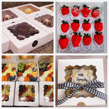 30 Pack White Bakery Boxes 8x8x2.5 Inches with Window, 8 inch Donuts Pie Boxes, Strawberries Boxes Packaging, Cookie Treat Boxes, Cake Boxes,Pastry Boxes with Stickers for Desserts Party Favor