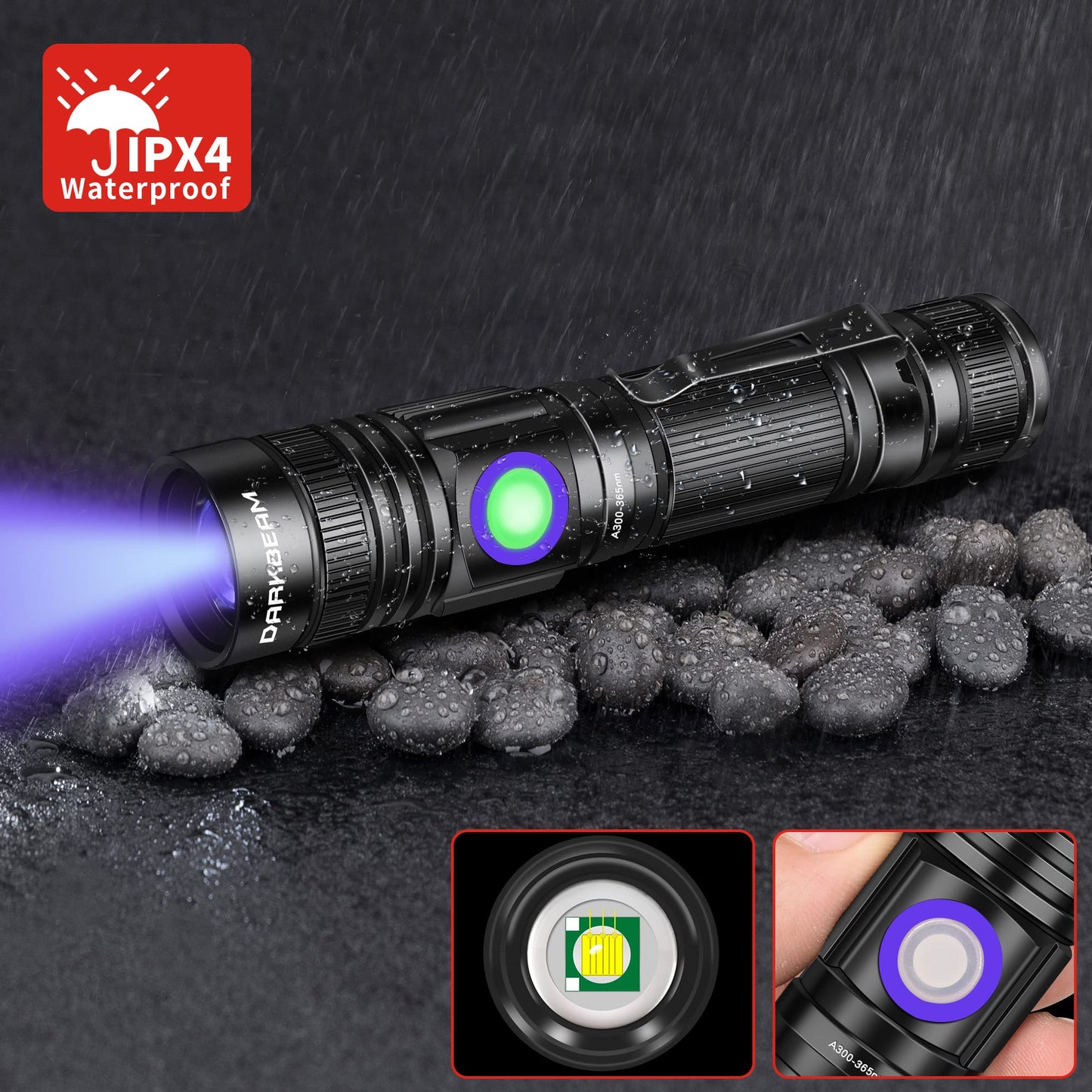 DARKBEAM UV Flashlight 365nm & 395nm Blacklight Rechargeable USB, Wood’s Lamp Ultraviolet Black Light LED Portable with Clip - Detector for Pet Cat Urine, Stains, Resin Curing, Uranium Glass, 2 Pack