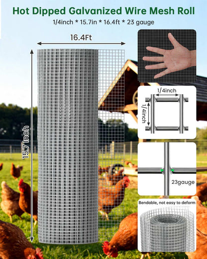 ASULUPHY 1/4 in Hardware Cloth, 16 in * 16.4 FT Chicken Wire Fencing, Hot-Dipped Galvanized After Welding Garden Plant Supports Welded Metal Chicken Wire Poultry Animal Netting Cage Screen