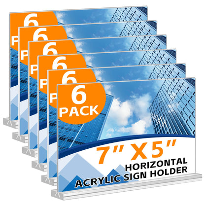 Acrylic Sign Holder 7x5 Horizontal, 6 Pack Double Sided Clear Table Menu Display,Table Top Picture Frame Plastic Stand, Suitable for Restaurants, Office, Store, Fair