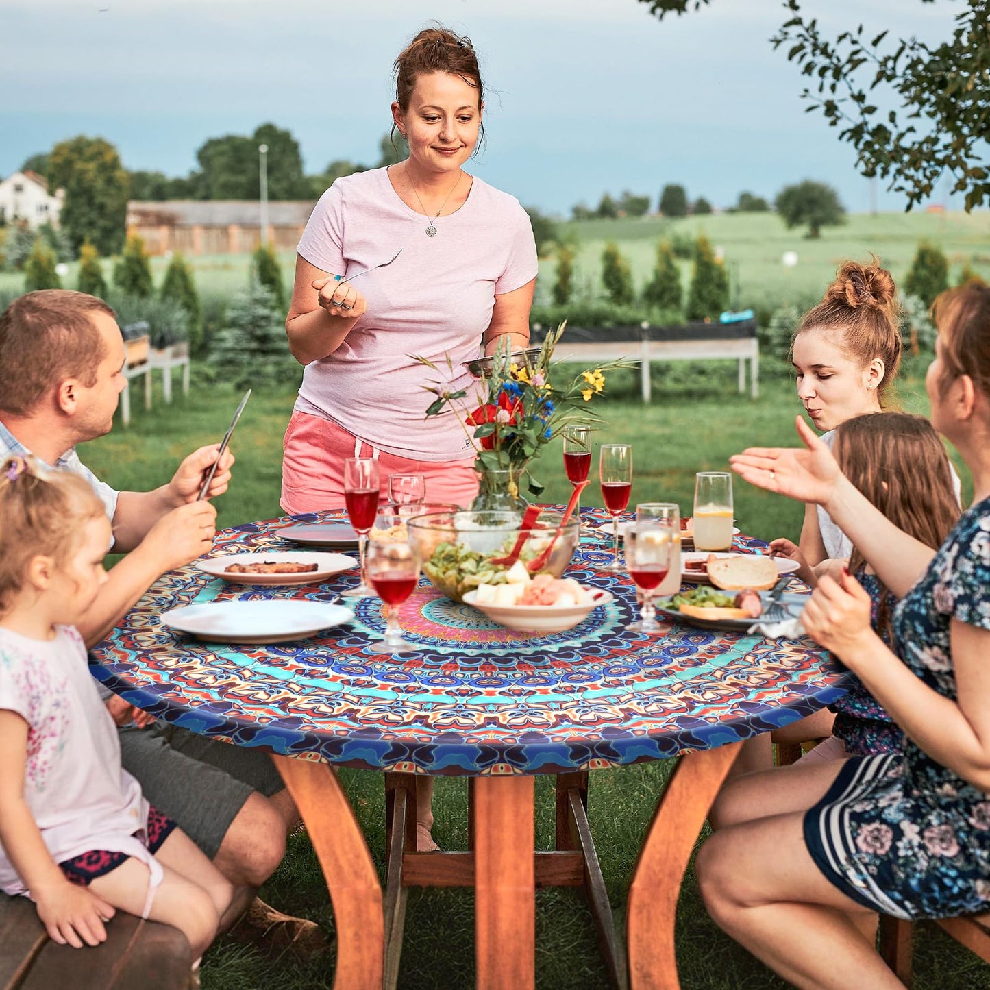 Alynsehom Round Tablecloth with Elastic Edge Outdoor Round Fitted Vinyl Table Cloth 36-44” Waterproof Wipeable Boho Table Cover for Dining Kitchen Picnic Barbecue Party Camping Decor Housewarming Gift