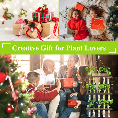 3 Tier Hanging Propagation Station, Wall Hanging Planter Terrarium with Wooden Stand&16 Glass Test Tubes, for Hydroponic Cuttings, Home Office Decor (3Tier&16Tubes)