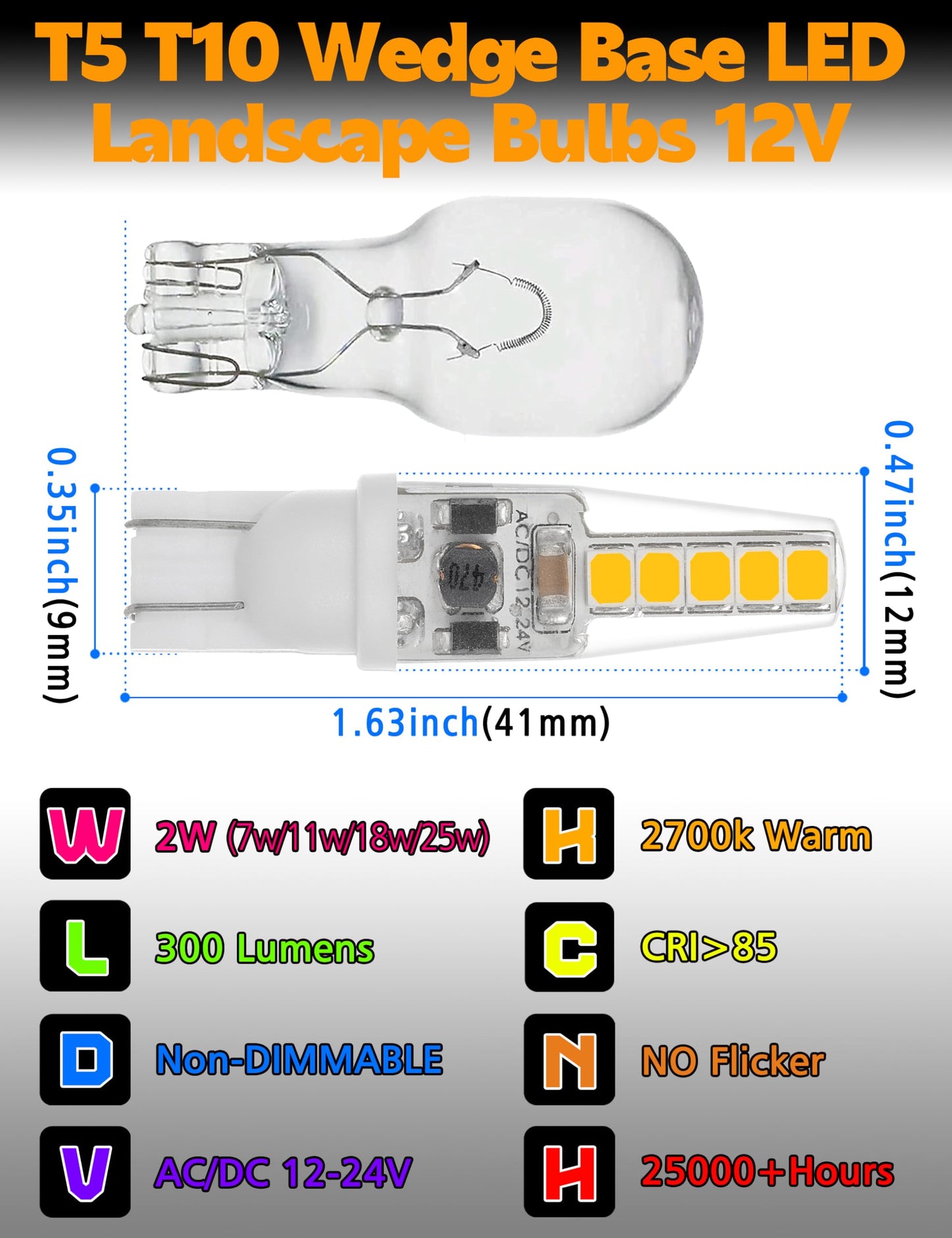 T5 T10 Wedge Base LED Landscape Bulbs 12V Low Voltage 2W 300lm, DC10-30V/AC12-24V 2700K Warm White for Outdoor Landscape Path Deck RV Camper Lights, 10 Pack