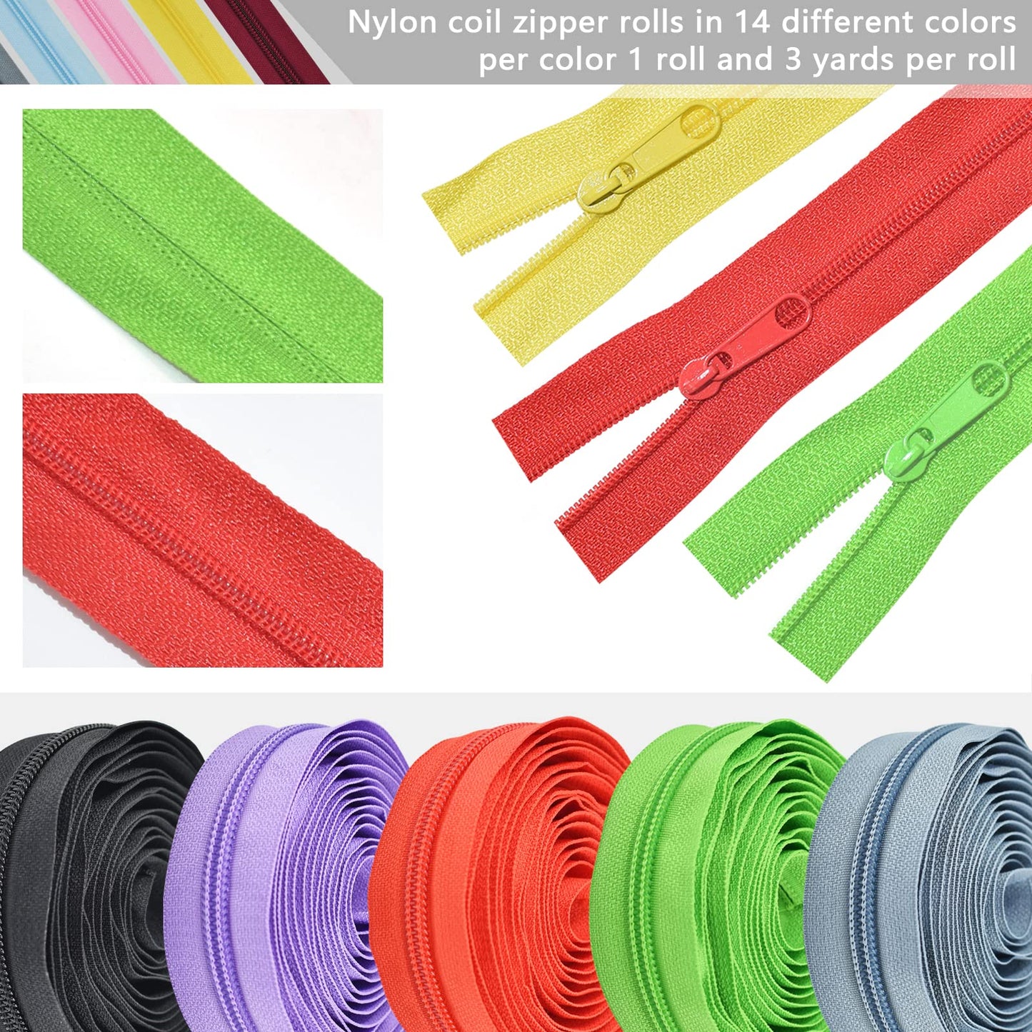 42 Yards #5 Nylon Coil Zippers Kit Sewing Zipper for DIY Sewing Crafts Zipper Tape with Match 112 Pcs Zipper Pull Heads, Zipper Repair Kit for DIY Tailor Sewing Craft Supplies, 14 Color
