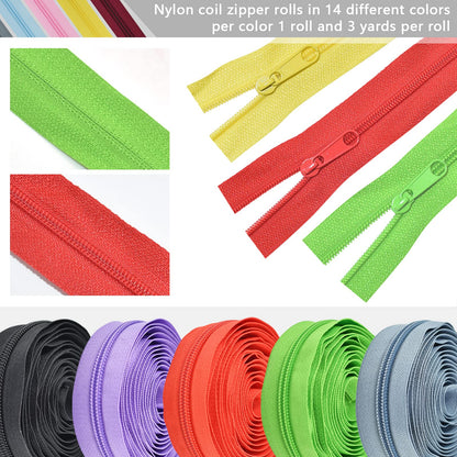 42 Yards #5 Nylon Coil Zippers Kit Sewing Zipper for DIY Sewing Crafts Zipper Tape with Match 112 Pcs Zipper Pull Heads, Zipper Repair Kit for DIY Tailor Sewing Craft Supplies, 14 Color