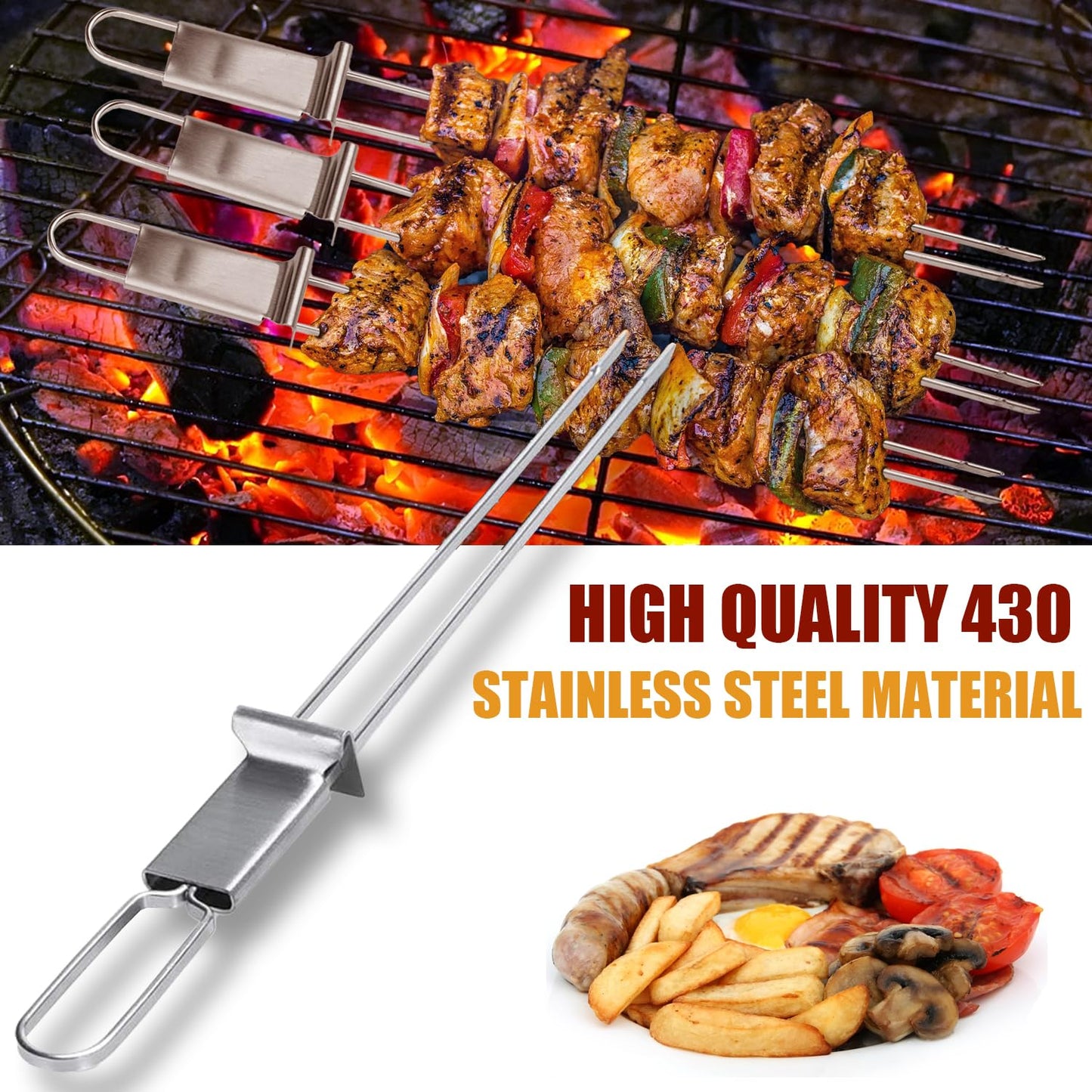 SHIKORI Kabob Skewers,13 inch Metal Skewers for Kabobs with Push Bar Skewers for Grilling Double Fork Anti-Roll Kebab skewers Stainless Steel Flat BBQ Skewers for Meat (12 Pcs)