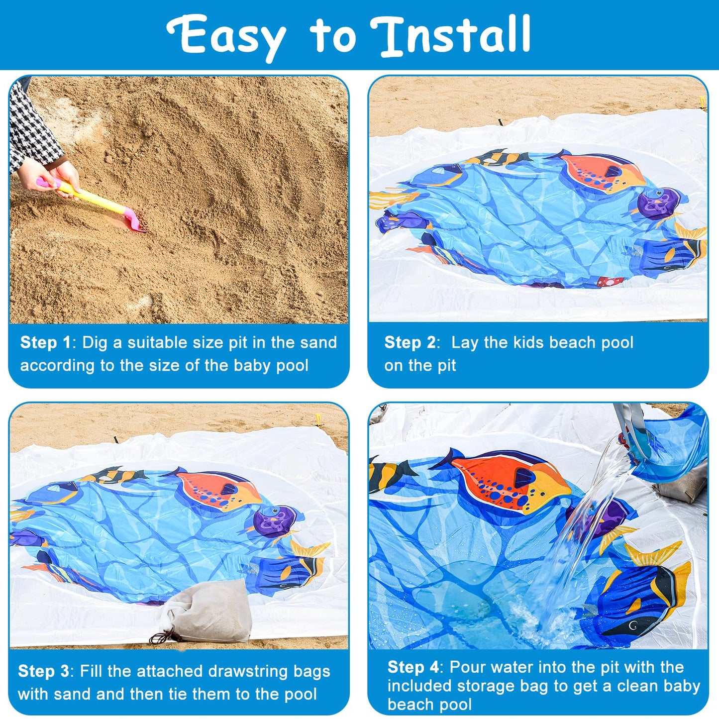 1Pc Beach Pool, 2X2m Portable Pool Blue Beach Mat Paddling Pool with Printed Storage Bag for Boys Girls