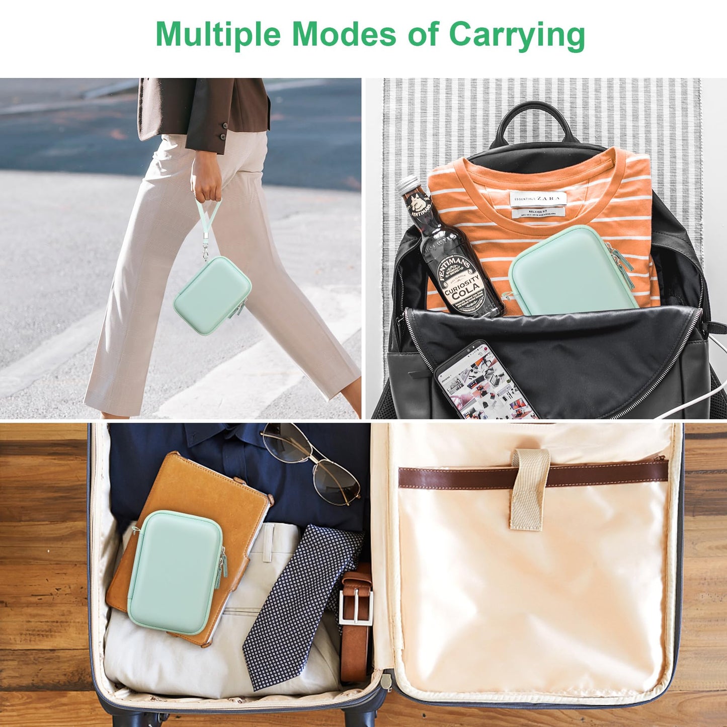 Canboc Carrying Case for Memoking/Zoolion/Phomemo/PokeLabel/Memoqueen T02 Mini Printer Sticker Printer, T02 M02 Portable Thermal Printer Box for Thermal Paper, USB Cable, Green (Case Only)