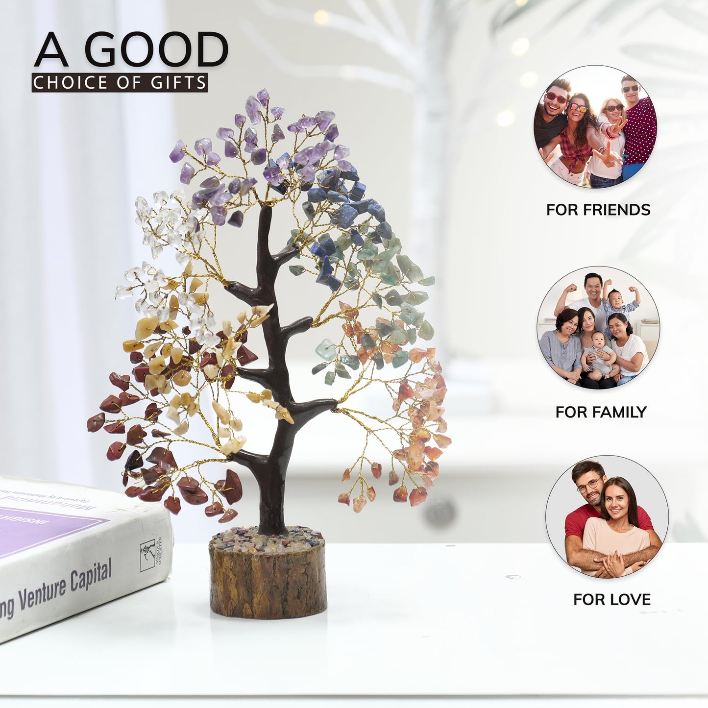 YATHABI Seven Chakra Golden Wire Handmade Gemstone Tree Feng Shui Bonsai for Attracting Positive Energies Chakra Balancing Aura Cleansing Crystal Healing Home Decor Size:- 10-12 Inch Approx