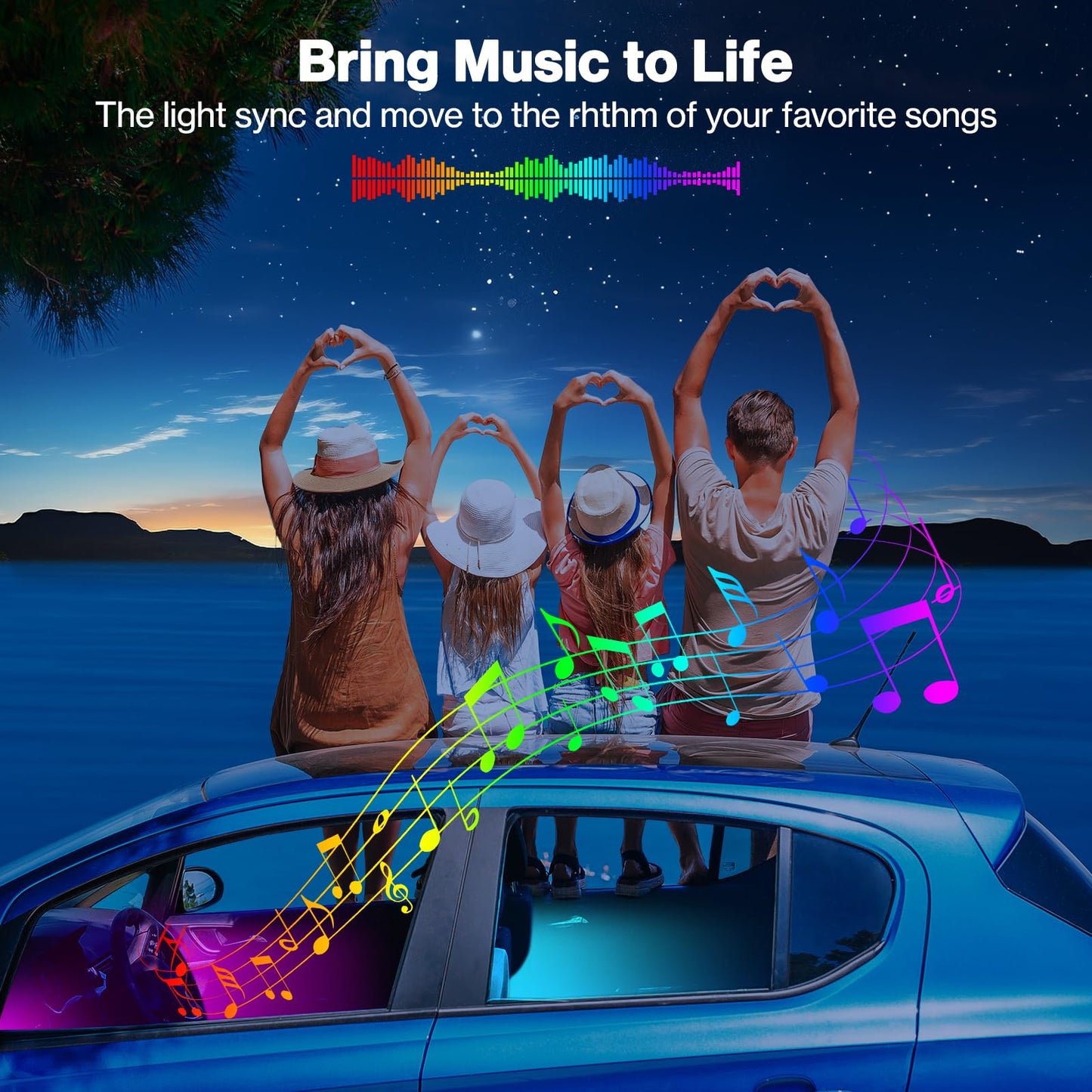 Bawoo Interior Car Lights, Car LED Strip Light Waterproof 48 LED Lights for Car with APP Control, RGB Music Sync Under Dash Car Light with Car Charger, DC (Large/APP & Remote Control)