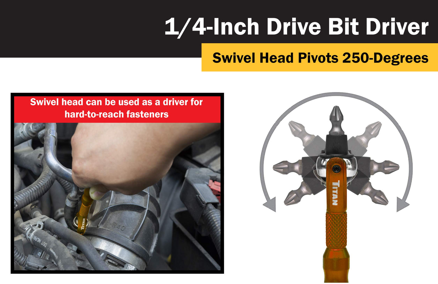 Titan Tools 11323 1/4-Inch Drive x 4-Inch 90-Tooth Swivel Head Micro Ratcheting Bit Driver - Orange