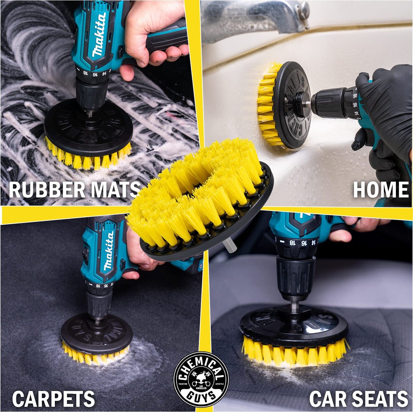 Chemical Guys Medium Duty Spinner Multi-Surface Drill Brush Attachment (Fits Any Standard Drill - Power Scrubber Removes Stains & Cleans Floor Mats, Upholstery & Carpets), Yellow