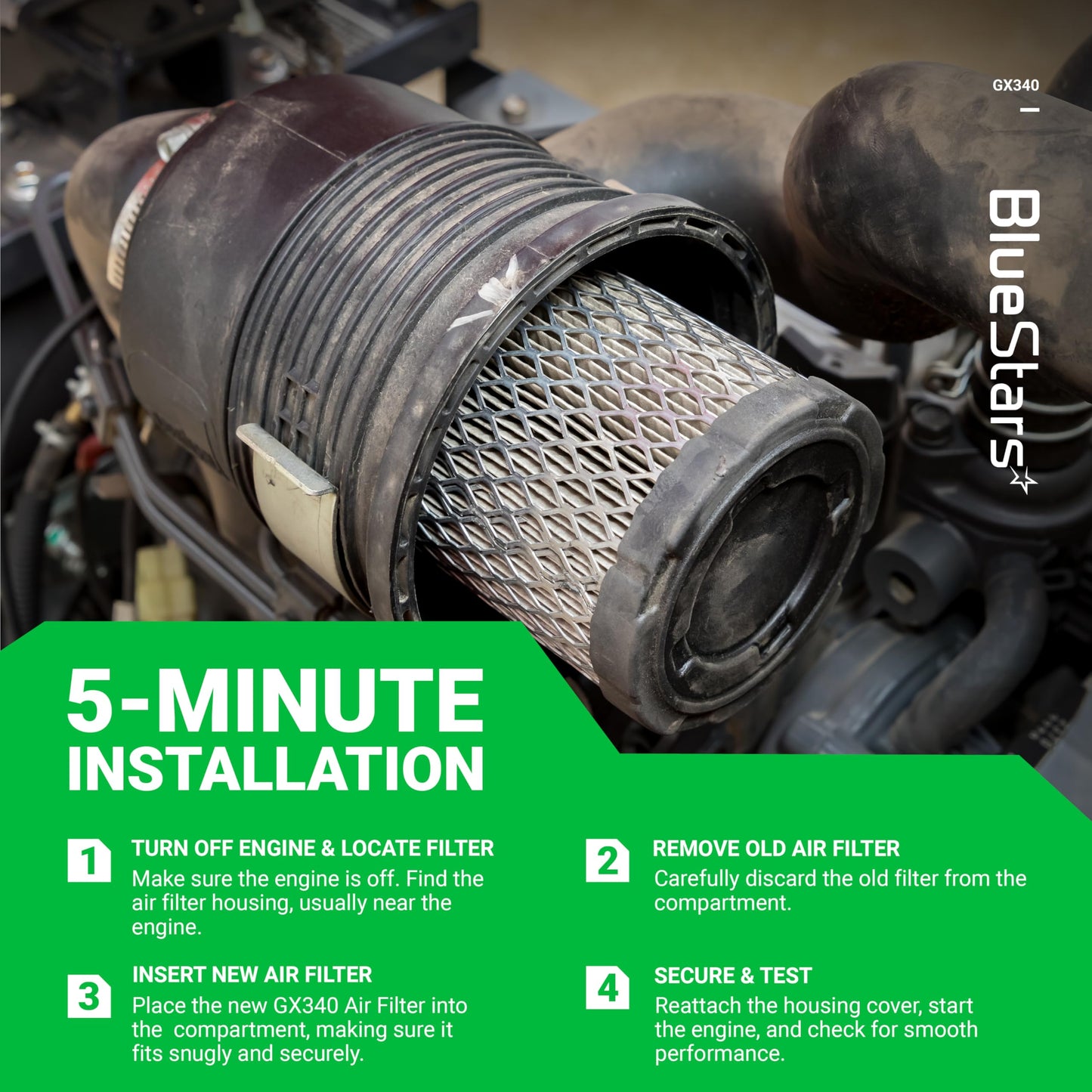 BlueStars AFZE30 GX390 GX340 Air Filter - Compatible with Honda GX340 GX390 GX 390 GX 340 11HP 13HP Engines - Replaces 17210-ZE3-505 17210-ZE3-010 Air Filter - PACK OF 4