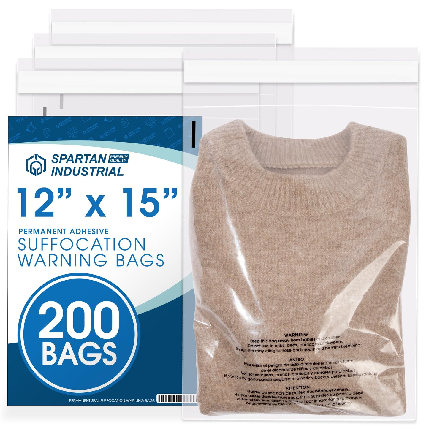 Spartan Industrial - 12” X 15” (200 Count) Self Seal Clear Poly Bags with Suffocation Warning for Packaging, T-Shirts & Clothing - Permanent Adhesive