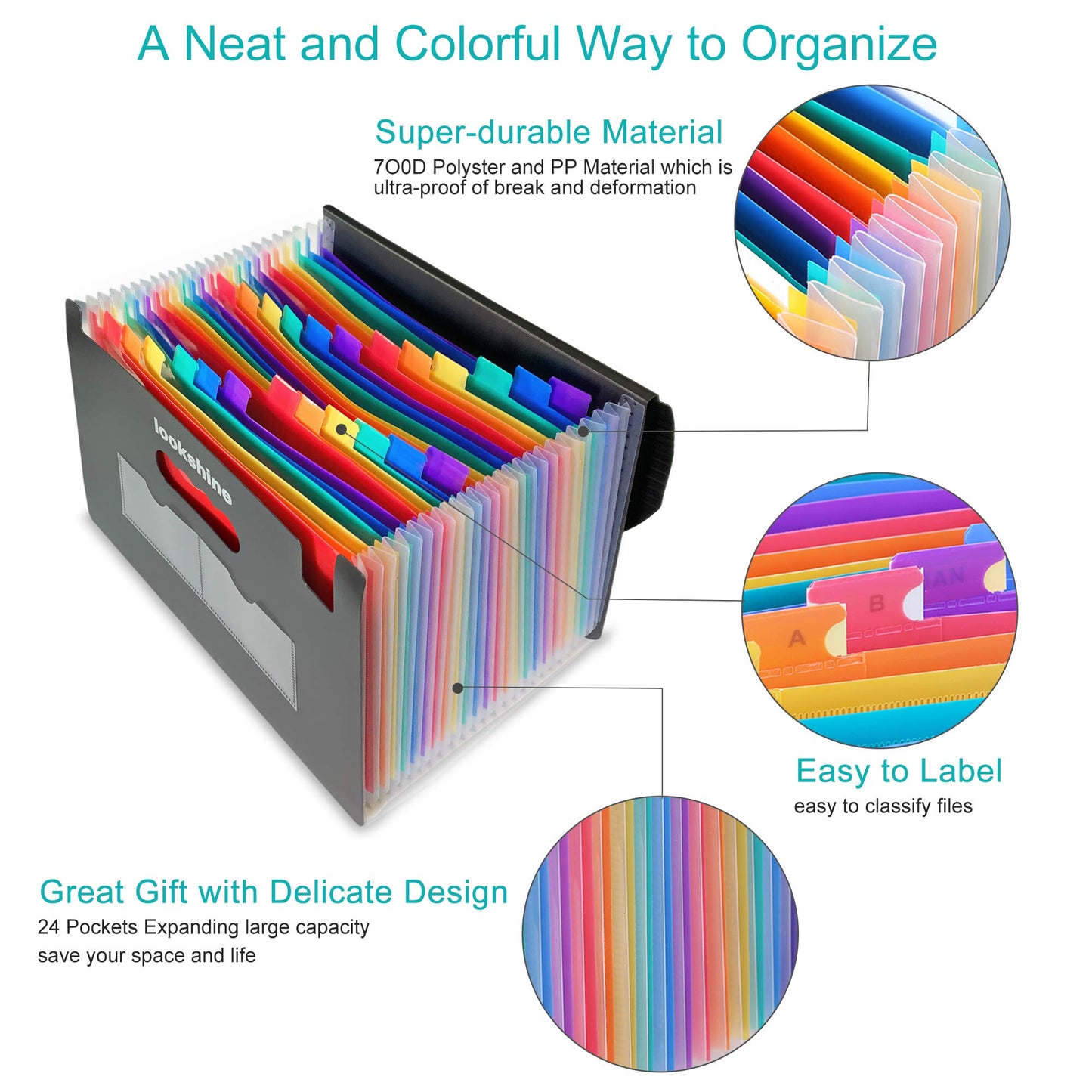 24 Pockets Expanding File Folders,Portable Accordion A4 Expandable File Organizer, Large Capacity Multicolour Stand Plastic Business File Bag for Business/Office/Study (with Flap)