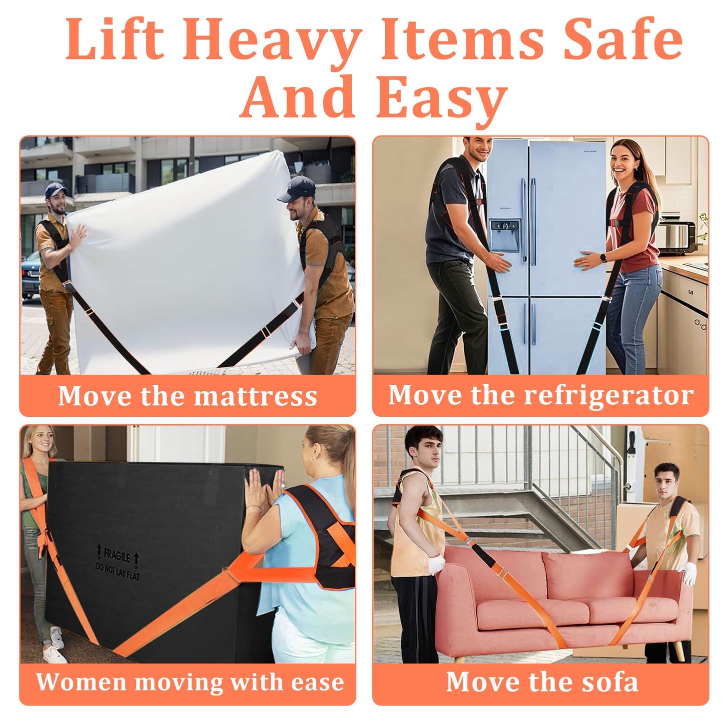 KVI Moving Straps Lifting Heavy Duty, 2-Person Shoulder Moving-Lifting Adjustable Length System for Furniture Appliances Mattresses Heavy Objects Black