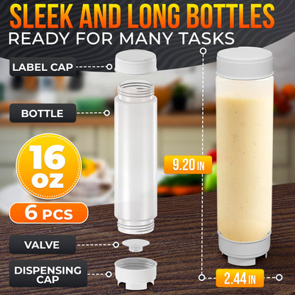 Set of 6 Condiment Squeeze Bottles for Sauces 16 oz – Easy-to-Fill Clear Bottles with Self-Closing Valve | Ready-to-Dispense for Dressings, Ketchup, Mustard & More, Durable, Reusable, Mess-Free Design