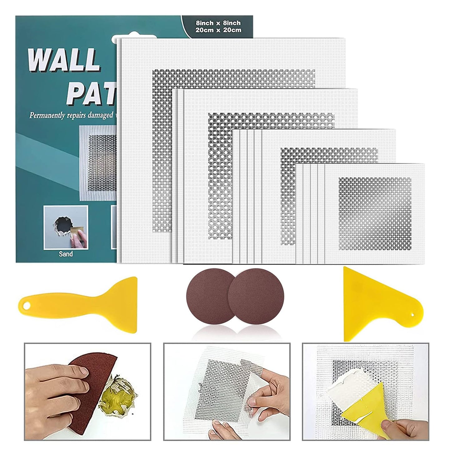 Deuvuo 19 Pcs Drywall Repair Kit - 4 Patch Sizes (2/4/6/8 Inch) With Scraper, Sandpaper for Damaged Ceiling - Say Goodbye to Unsightly Holes