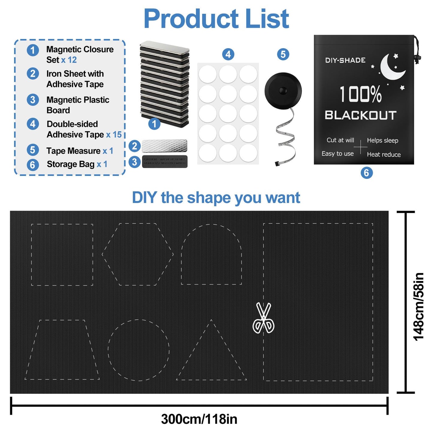 100% Magnetic Blackout Blinds 300 x 148 cm, Portable Black Out Shades Blackout Curtains for Bedroom, Media Room, Nursary, RV, Black Out Window Cover No Drill with Strong Magnets