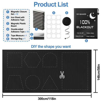 100% Magnetic Blackout Blinds 300 x 148 cm, Portable Black Out Shades Blackout Curtains for Bedroom, Media Room, Nursary, RV, Black Out Window Cover No Drill with Strong Magnets