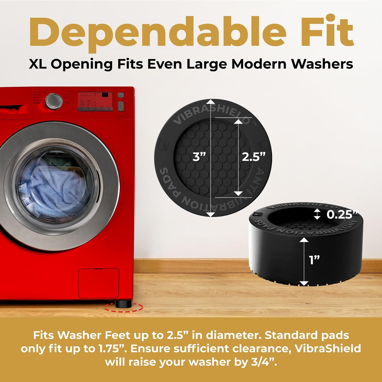Anti Vibration Pads for Washing Machine w/HexaGrip - Stops Washer Dryer Noise Moving Shaking Walking Skidding - Appliance Anti Vibration Washing Machine Support Feet Stabilizer Mat - VIBRASHIELD 4 PK