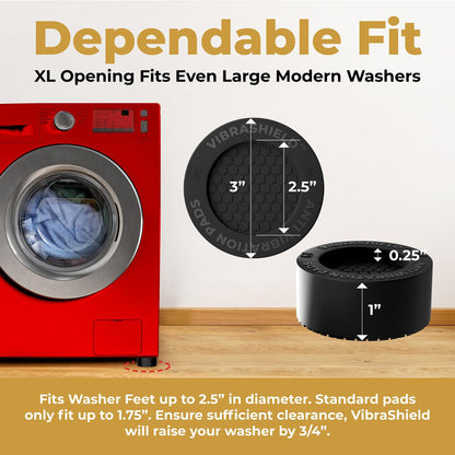 Anti Vibration Pads for Washing Machine w/HexaGrip - Stops Washer Dryer Noise Moving Shaking Walking Skidding - Appliance Anti Vibration Washing Machine Support Feet Stabilizer Mat - VIBRASHIELD 4 PK