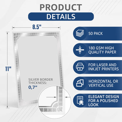50 Certificate Paper 8.5 x 11 for Printing - Blank Certificate Papers for Award Certificates & Diploma Paper - Premium Silver Foil Award Papers Cardstock for Awards & Certificates Graduation