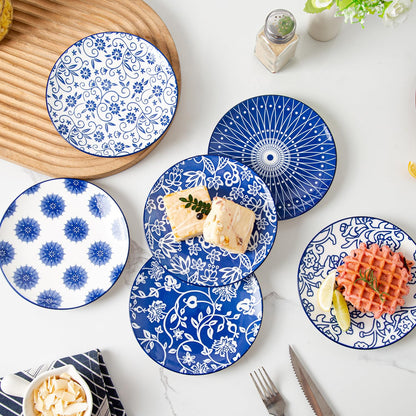 Cerkik Ceramic Dessert Plates Set - 6 Inch Mini Appetizer Plates for Kitchen - Small Salad Plate for Cake Snacks Side Dish, Microwave Dishwasher Safe, Gift, Vintage Blue