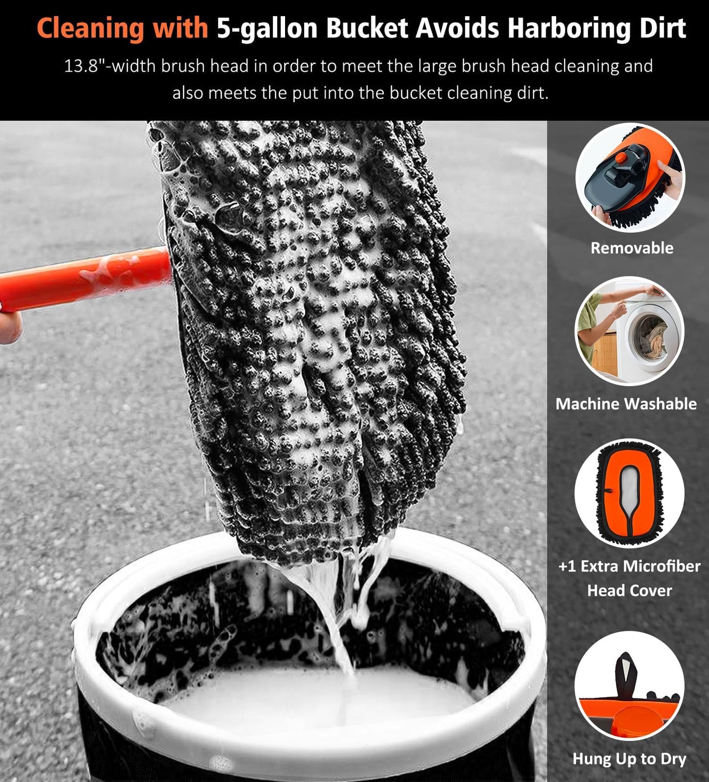 YeewayVeh 140cm 55" Car Wash Brush Mop with Long Handle, 15 Degree Curved Extendable Car Wash Brush with Extra Microfiber Mop Head, Soft Washing Brushes with Storage Bag for Truck SUV Cleaning,Orange