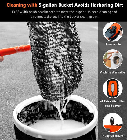 YeewayVeh 140cm 55" Car Wash Brush Mop with Long Handle, 15 Degree Curved Extendable Car Wash Brush with Extra Microfiber Mop Head, Soft Washing Brushes with Storage Bag for Truck SUV Cleaning,Orange
